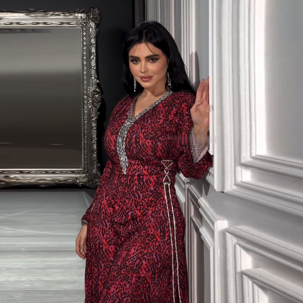 MS529# Muslim Arabic print dress, diamond-encrusted sparkling robe, Eid al-Adha home wear