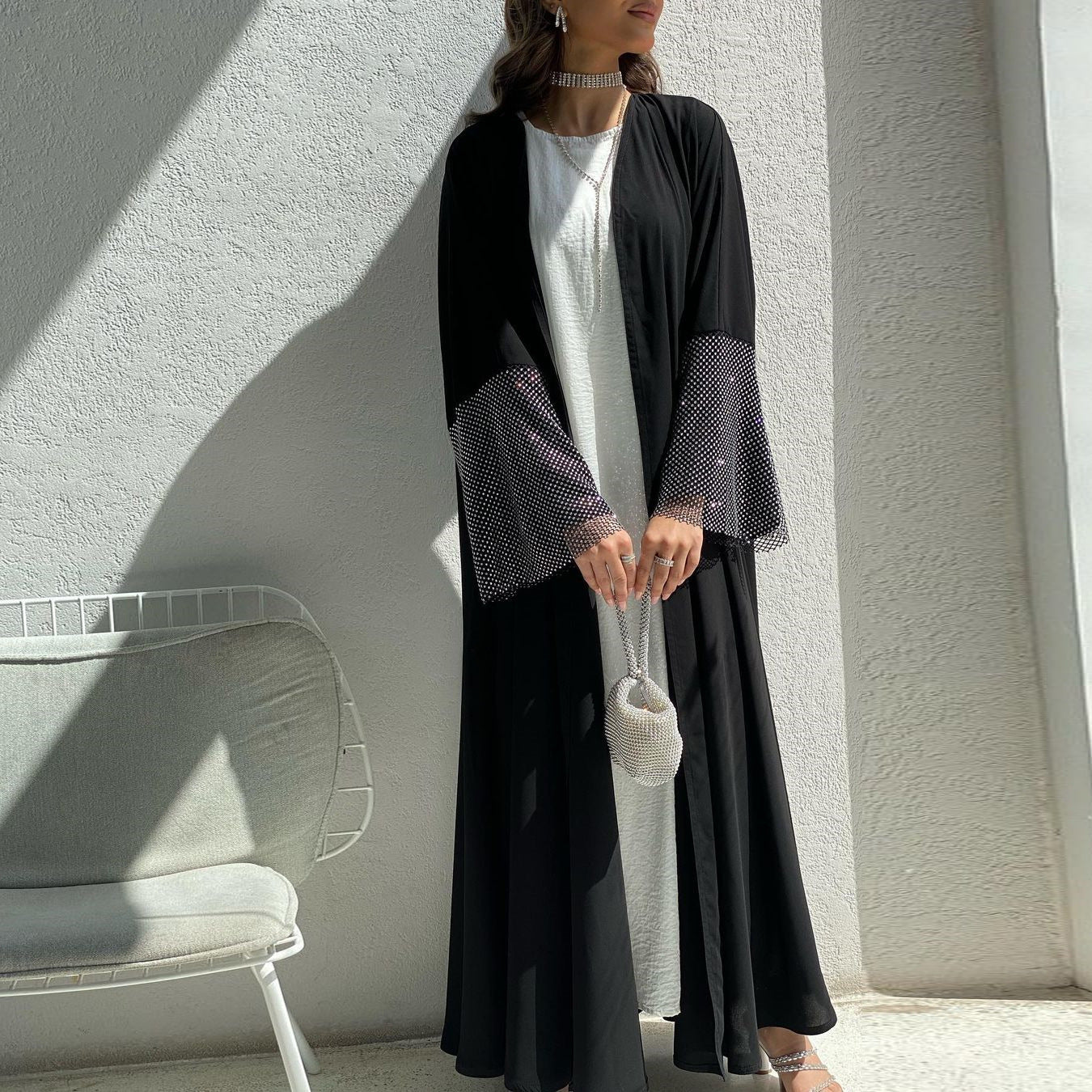 MS427#Muslim abaya elastic diamond mesh cardigan robe (NO inner dress)