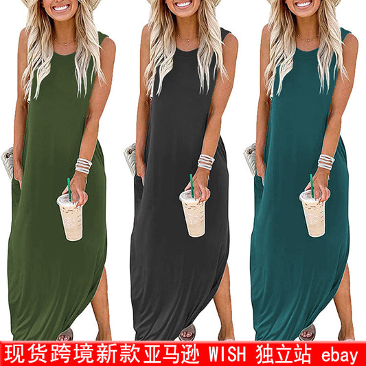 FS306#Women's Casual Loose Sundress Long Dress Sleeveless Split Maxi Dresses Summer Beach Dress with Pockets