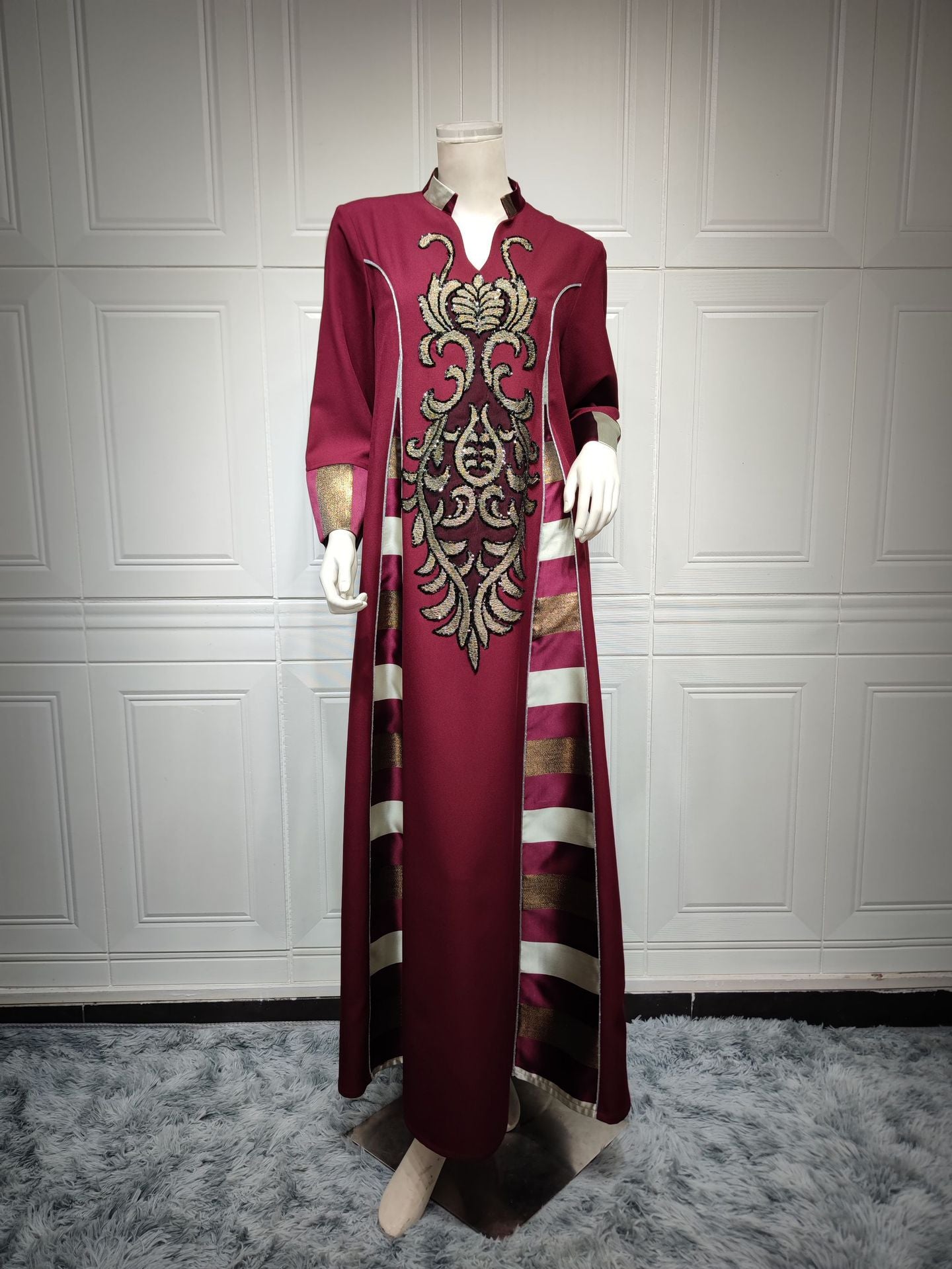 MS422#Muslim women's embroidered striped dress with sequins