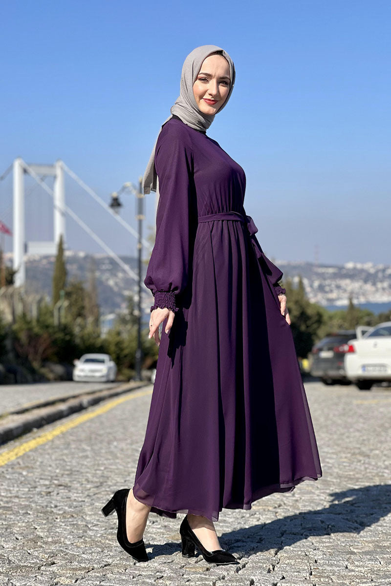 MS500#Solid color abaya fashion temperament lace-up long chiffon women dress uniform size