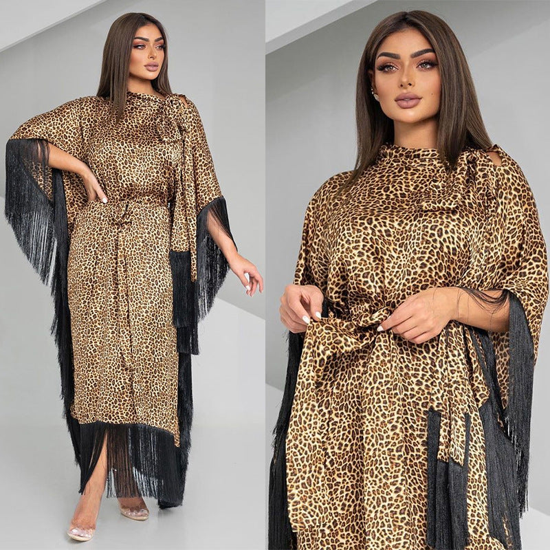 MS432#Modest fashion bat sleeve fringed leopard dress