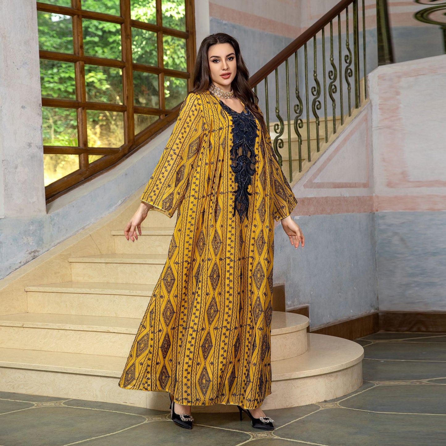 MS421#Muslim stitching loose robe with beaded embroidery