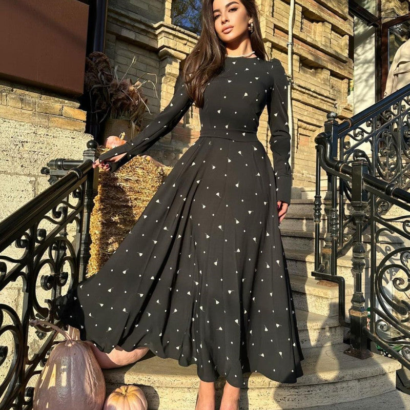 MS474#Stylish print long-sleeved high-waisted dress with long belt