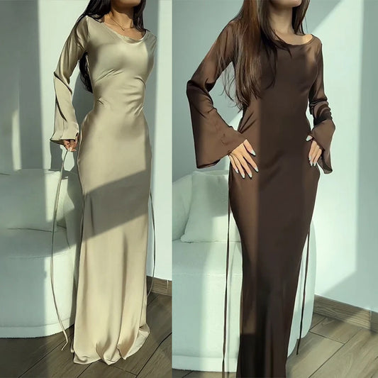 MS598#Solid color round neck long sleeve waist dress