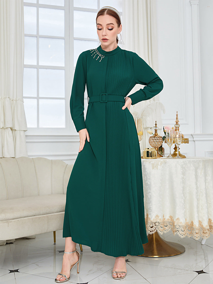 MS484#Elegant beaded slim shirt sleeve dress (with belt)