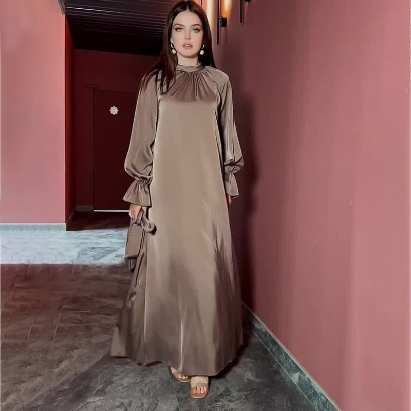 MS509#Solid color satin long sleeve loose dress belt women's dress