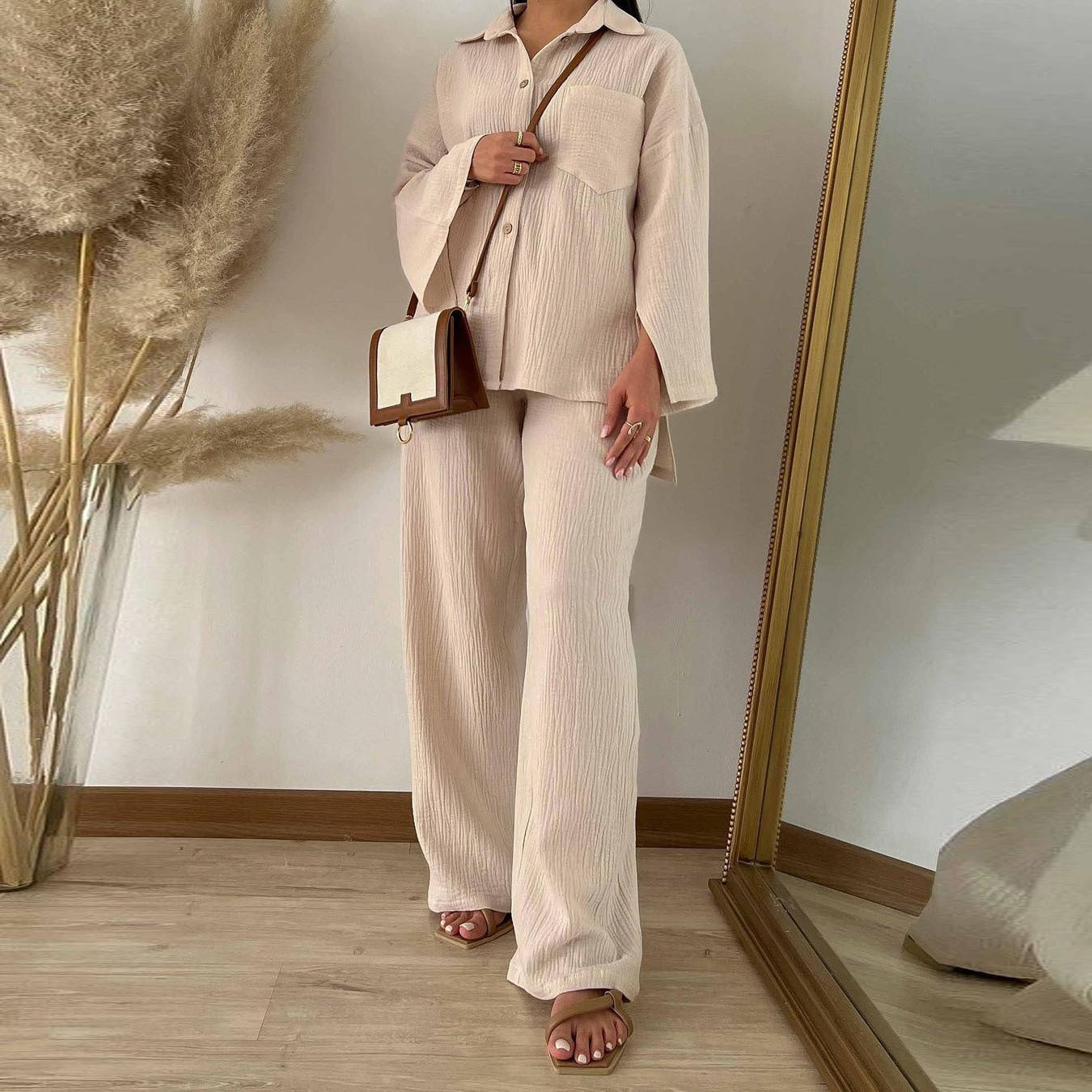 MS503#Plus-size women's fashion crepe long-sleeved shirt high-waisted wide-leg trouser suit