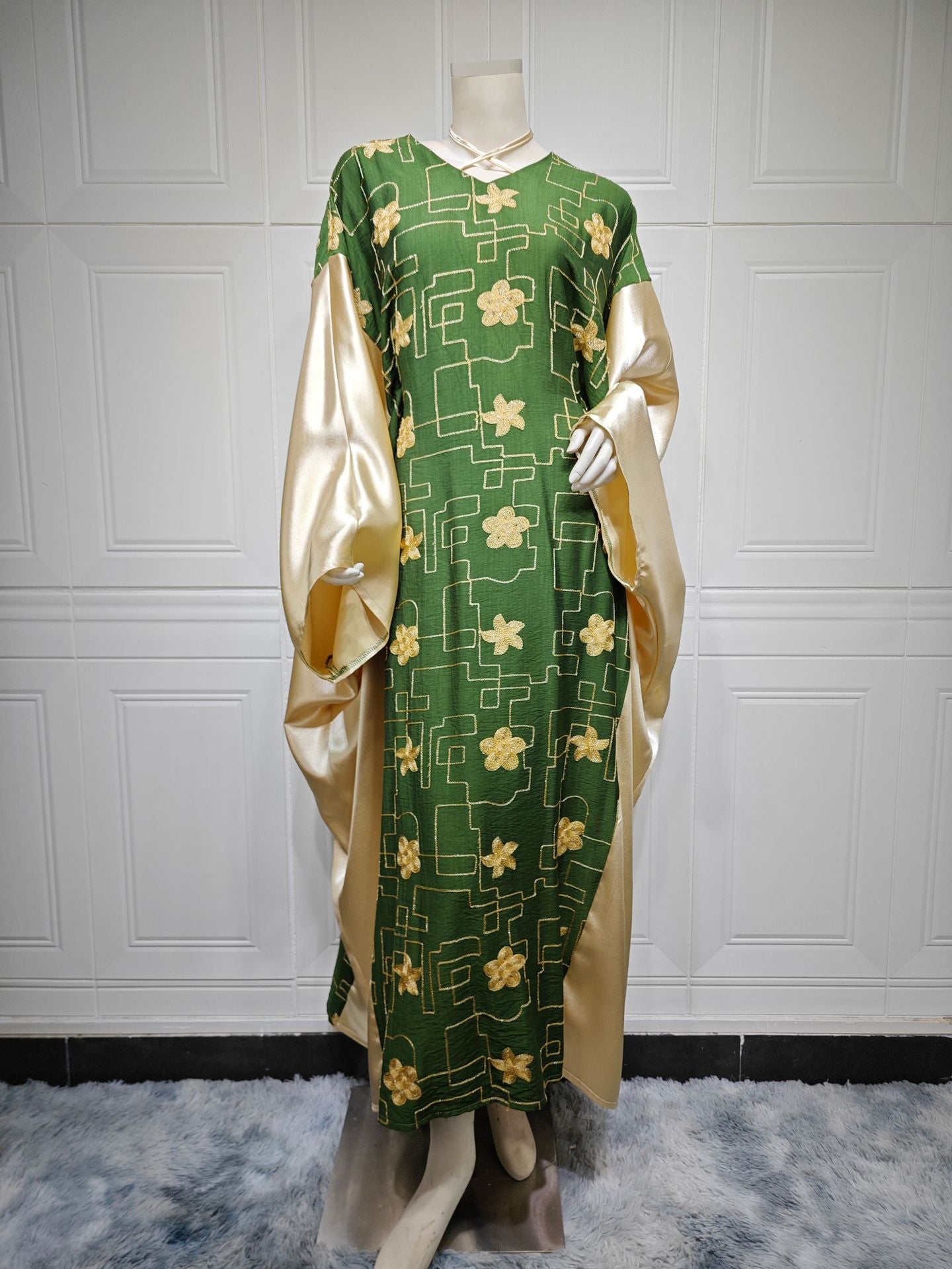 MS550#Arabian Dubai Muslim Women's Embroidered Color Block Dress Fashion