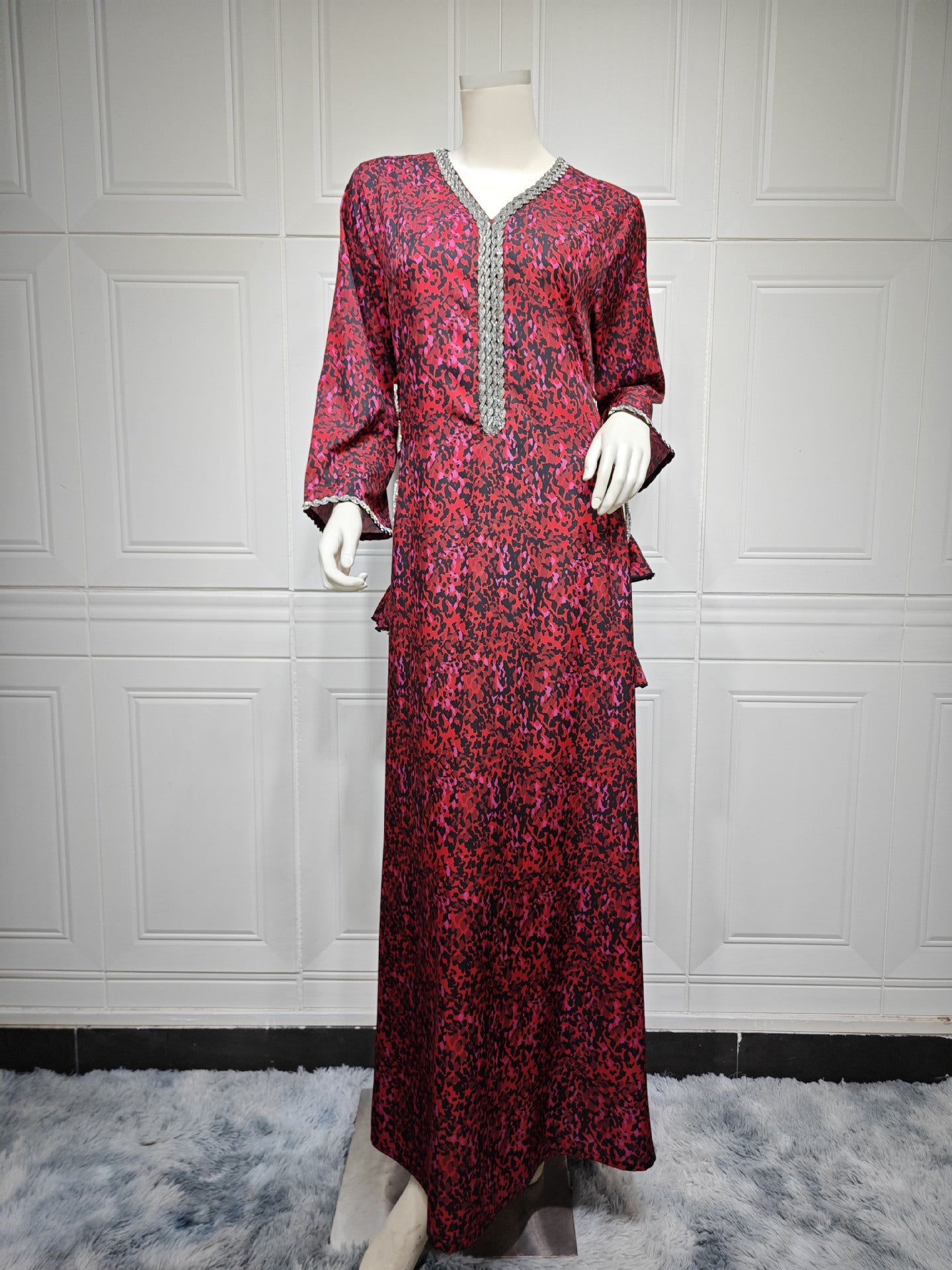 MS529# Muslim Arabic print dress, diamond-encrusted sparkling robe, Eid al-Adha home wear