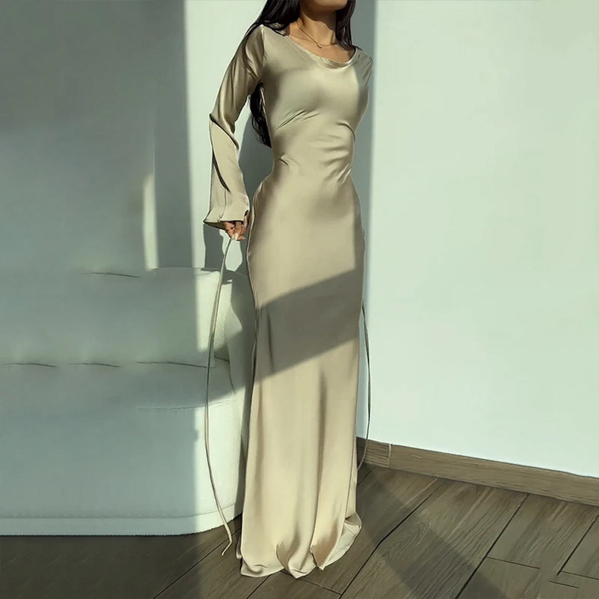 MS598#Solid color round neck long sleeve waist dress