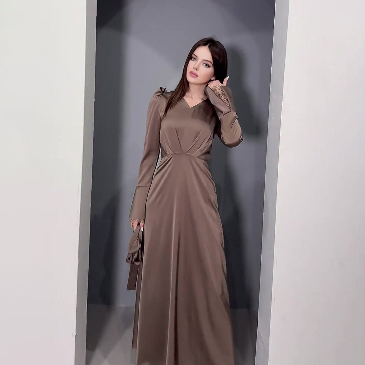 MS448#Women's Long Bubble Sleeve Lace Long Sleeve Dress