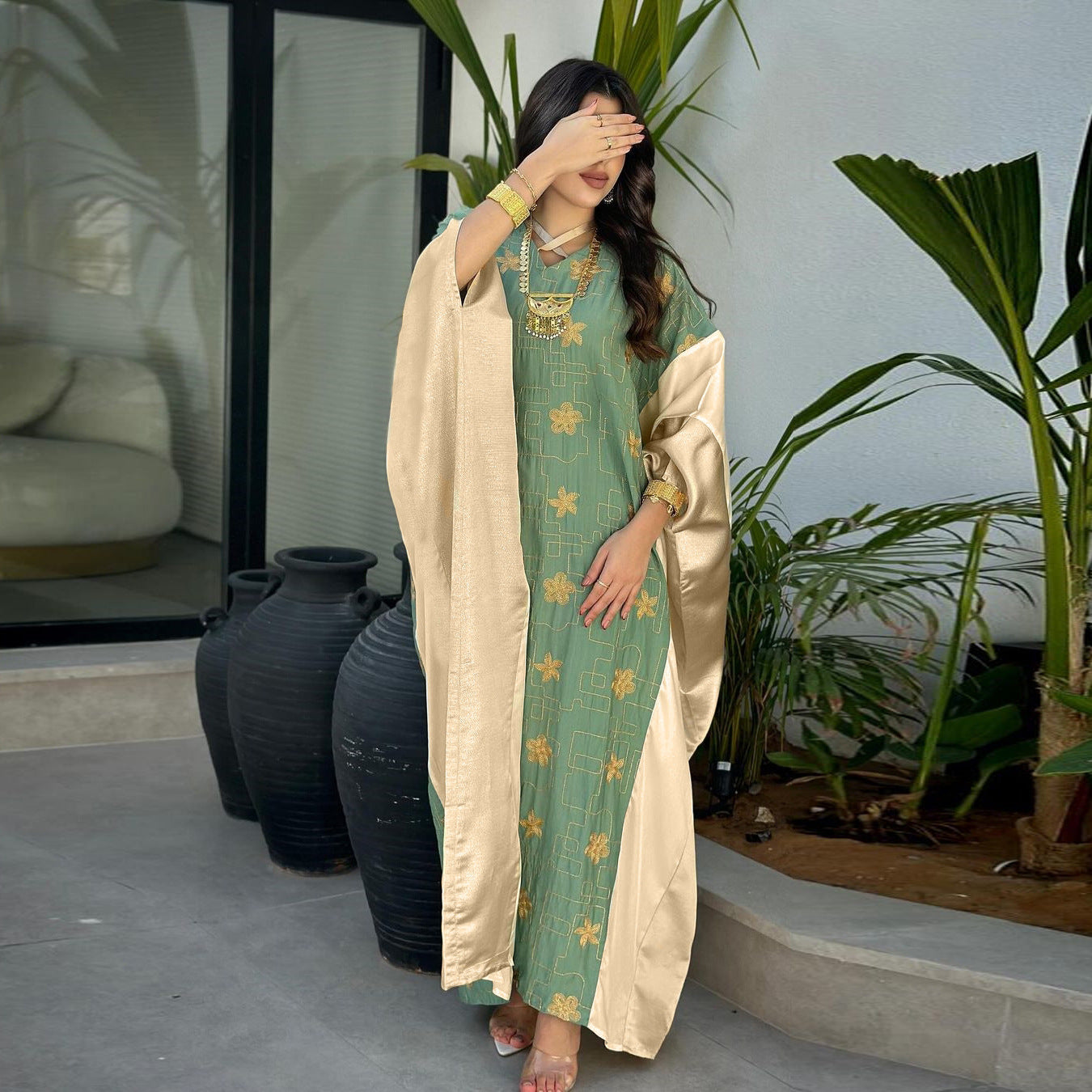 MS550#Arabian Dubai Muslim Women's Embroidered Color Block Dress Fashion