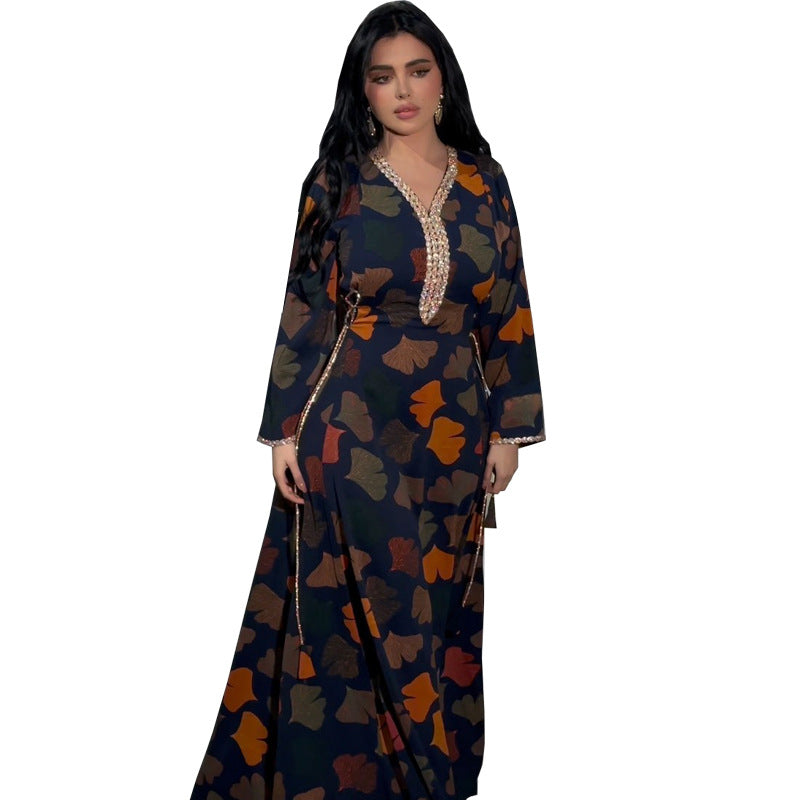 MS530#jalabiya pullover Muslim fashion print dress ethnic style robe with diamonds and waist cord