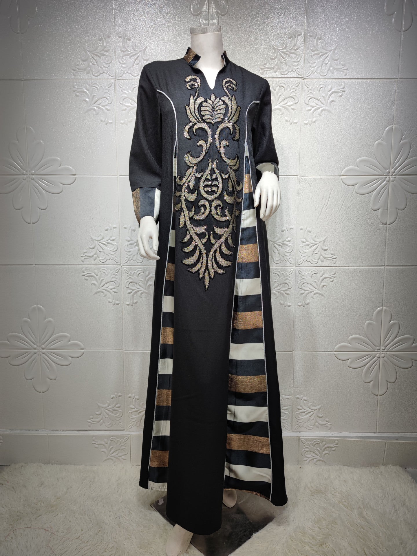 MS422#Muslim women's embroidered striped dress with sequins