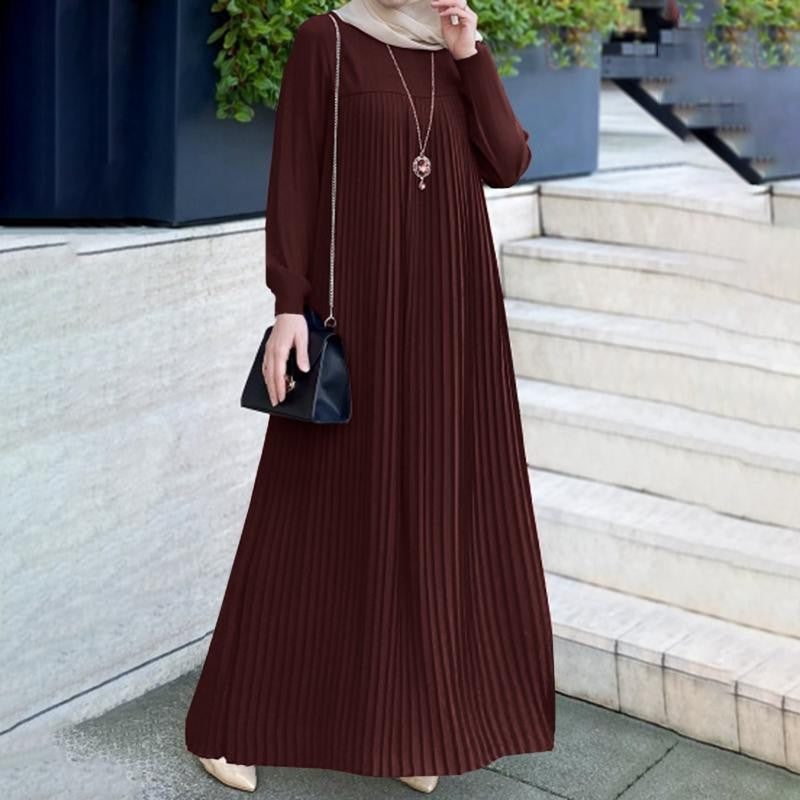 MS591#Temperament Elegant Pleated Skirt Solid Color Round Neck Long Sleeve Pleated Dress