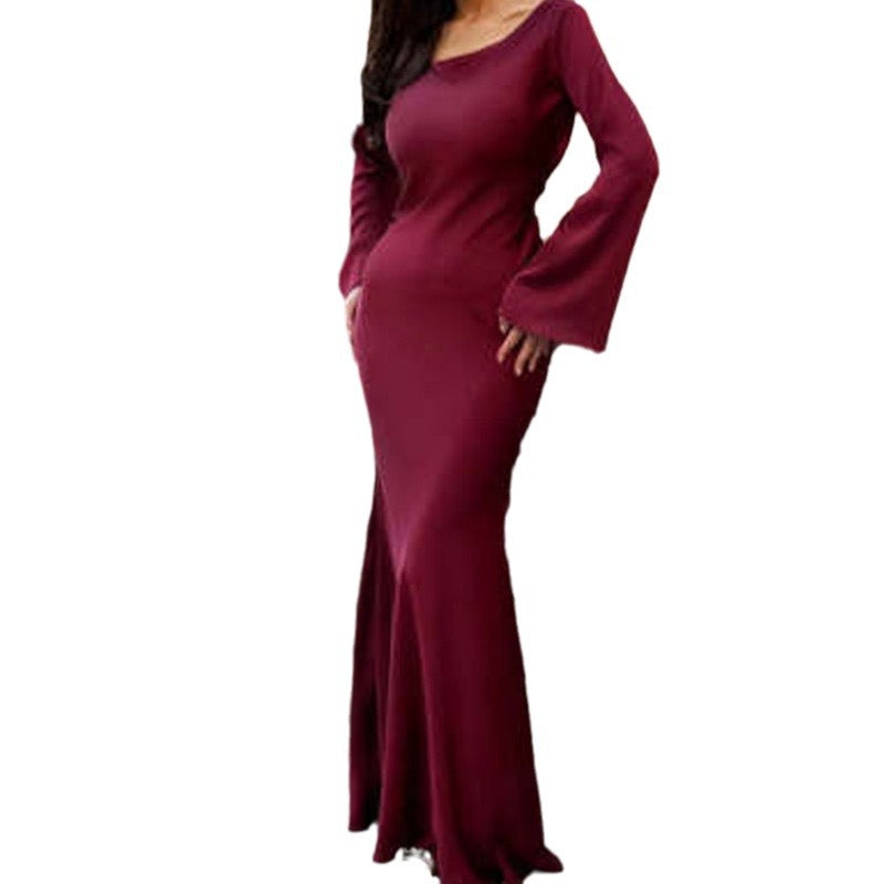 MS598#Solid color round neck long sleeve waist dress