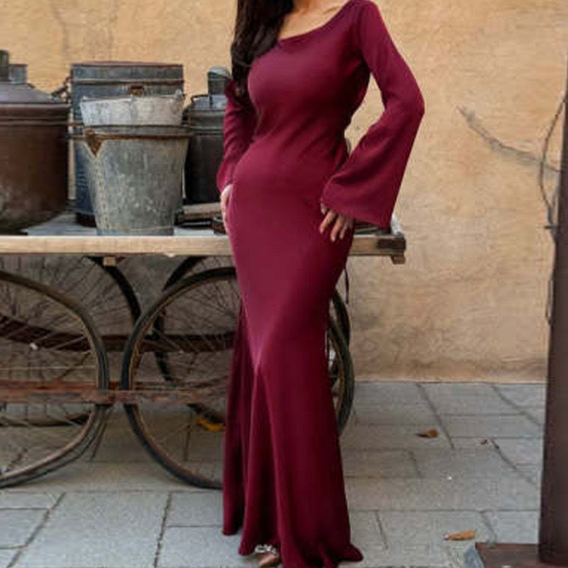 MS598#Solid color round neck long sleeve waist dress