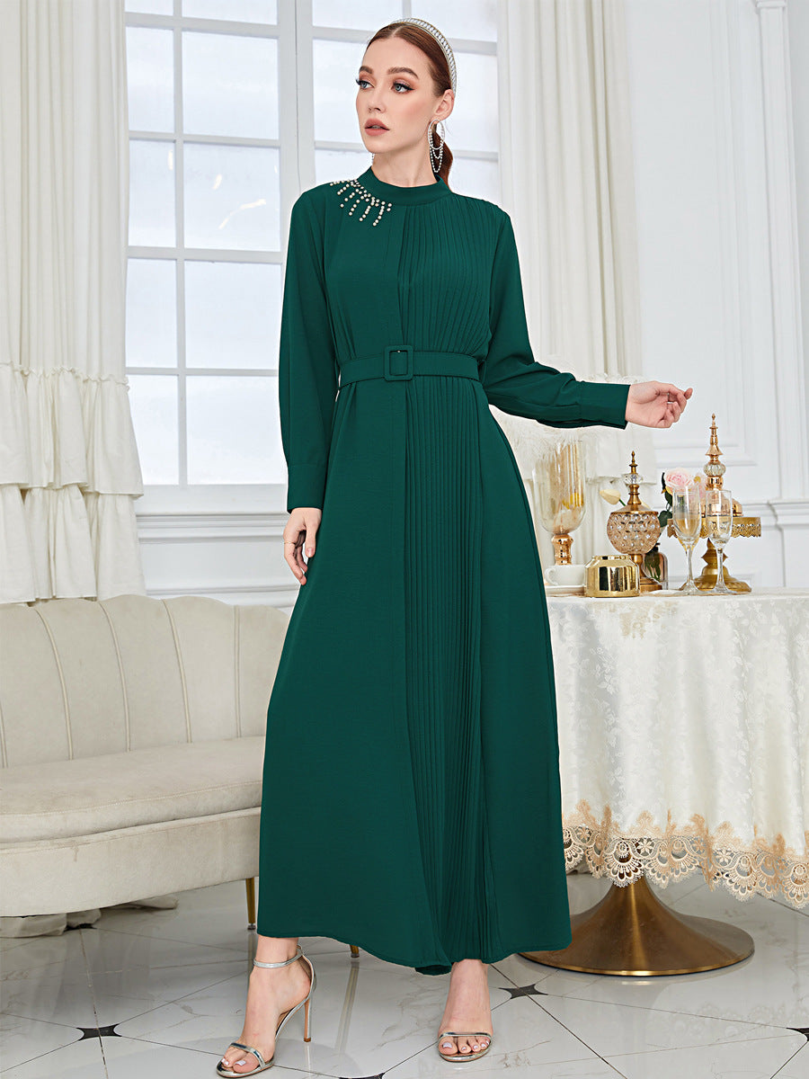 MS484#Elegant beaded slim shirt sleeve dress (with belt)