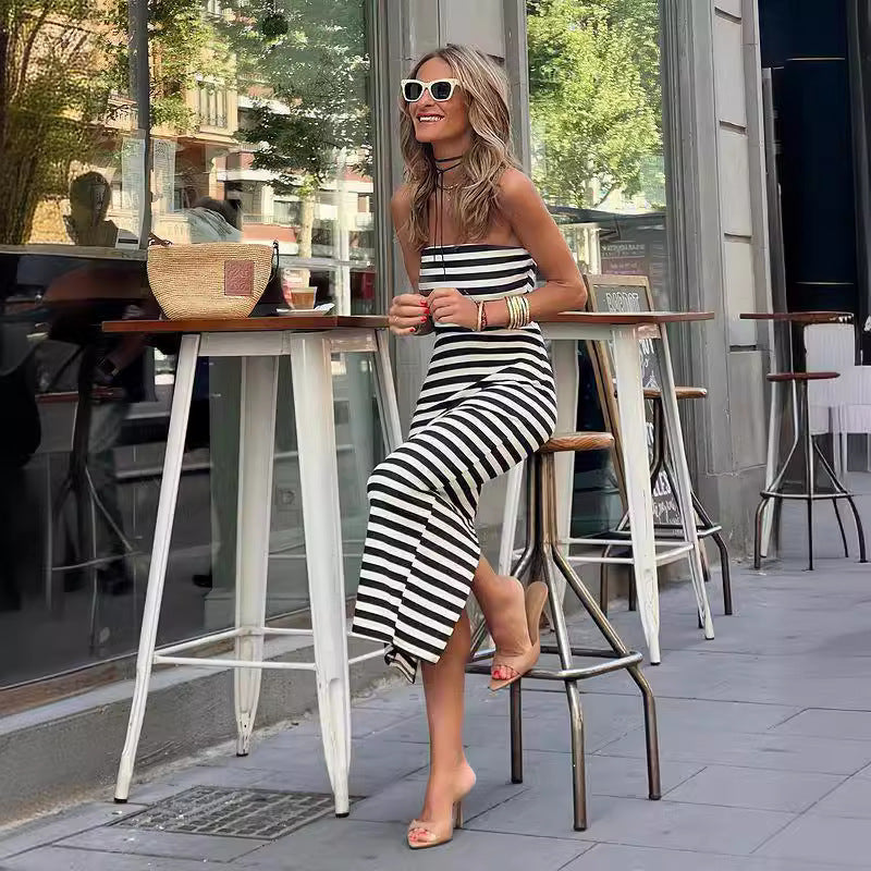 FS318#Women's Summer Bodycon Maxi Tube Dress Ribbed Strapless Side Slit Long Going Out Casual Elegant Party Dresses