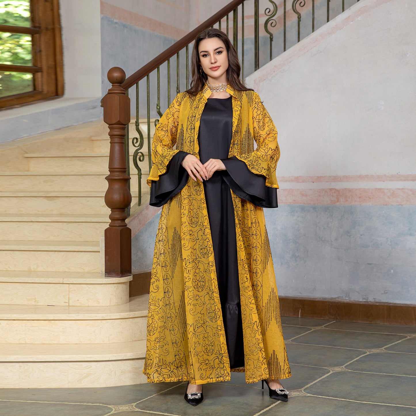 MS426#Muslim Lady Lotus Leaf Sleeve Two-piece Robe Set