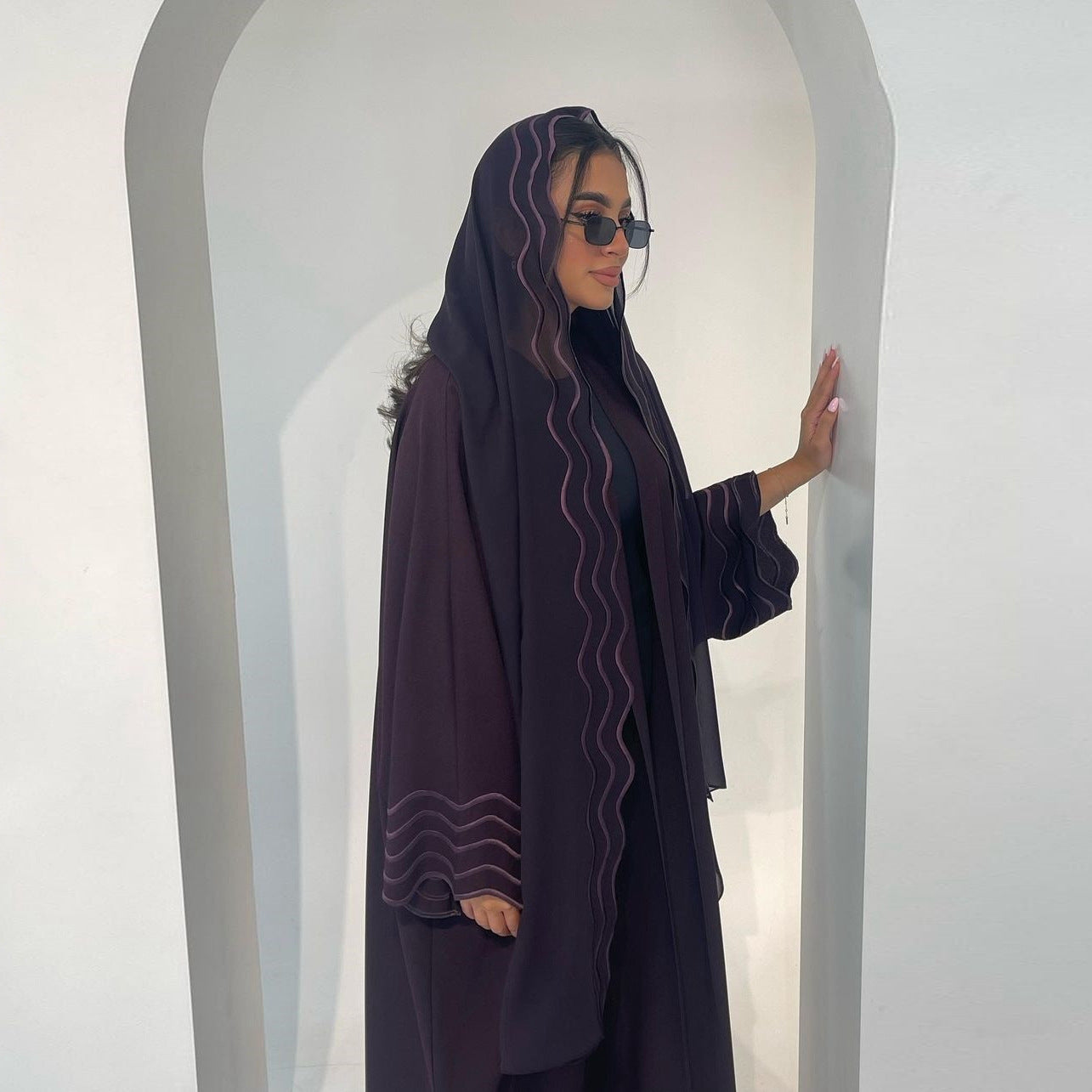 MS429 # Muslim Abaya embroidered trumpet sleeve jacket with headscarf two-piece suit