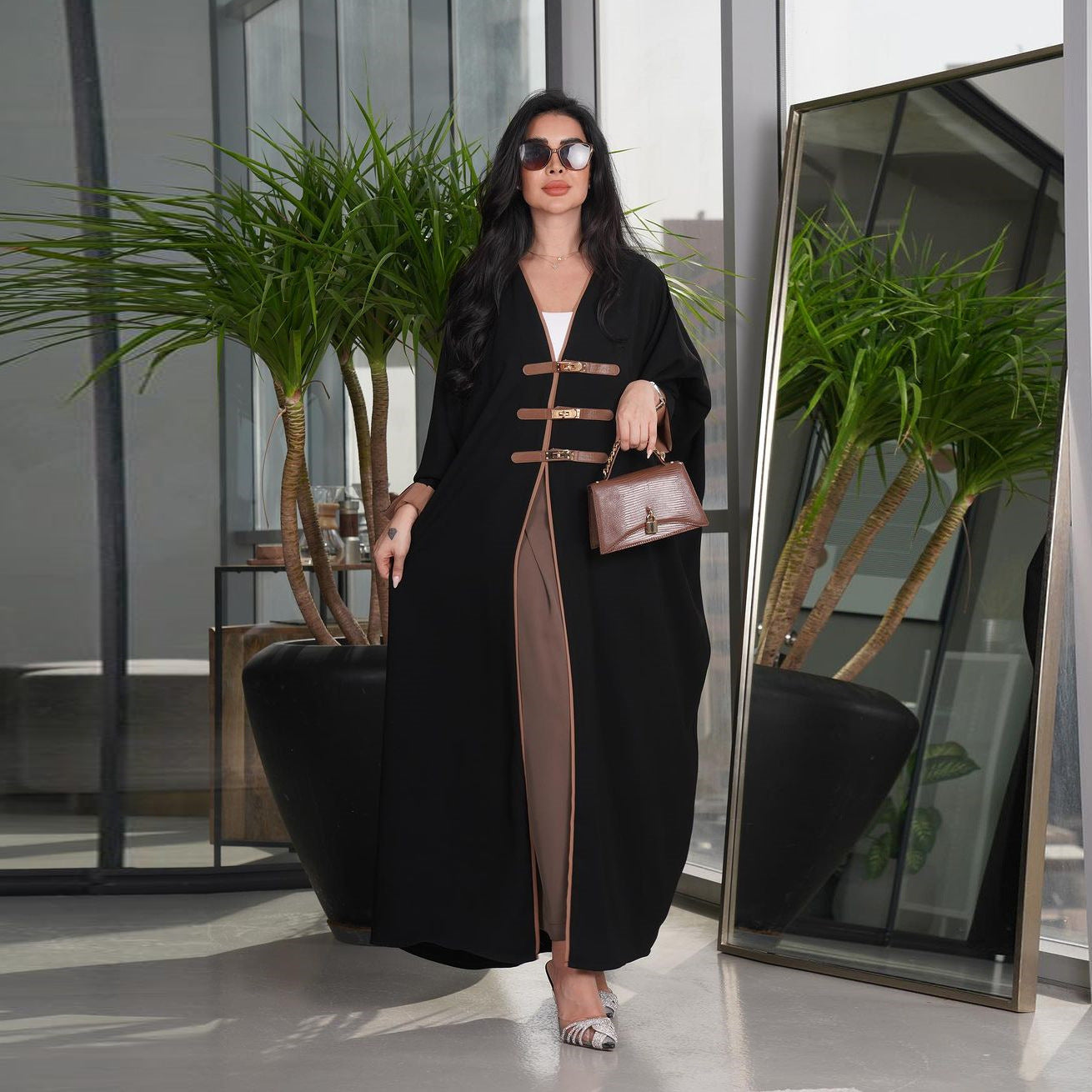 MS440#Modest fashion cardigan leather buckle Abaya robe