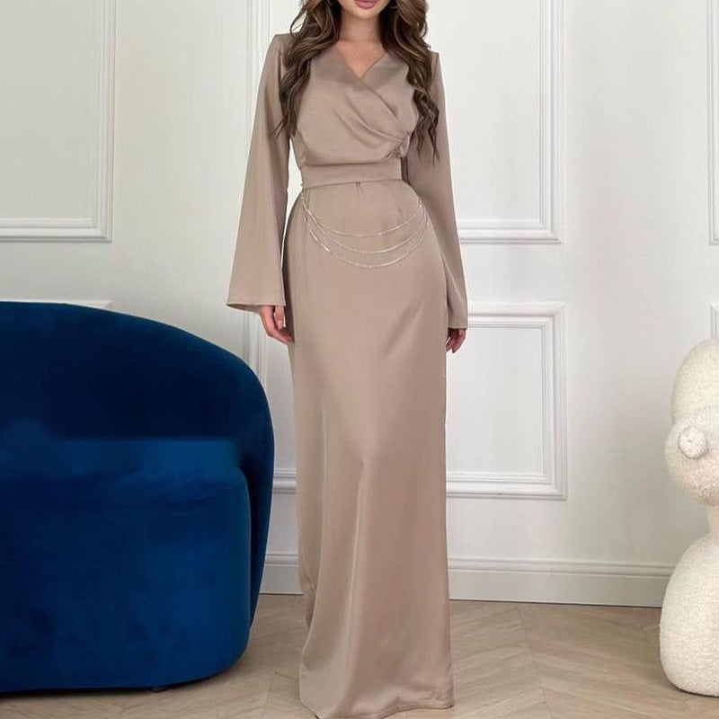 MS511#Solid color V-neck metal trim long sleeve high waist long dress