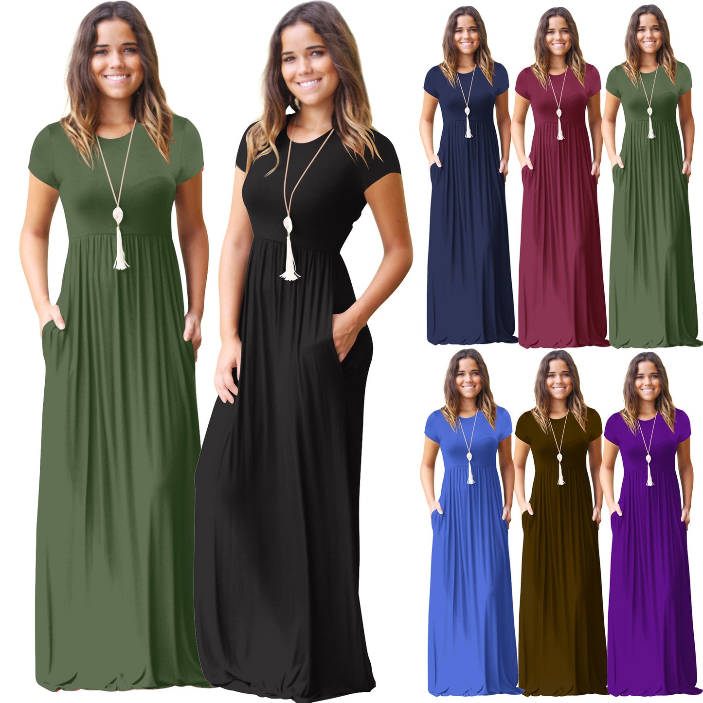 FS311#Women Short Sleeve Loose Plain Casual Long Maxi Dresses with Pockets