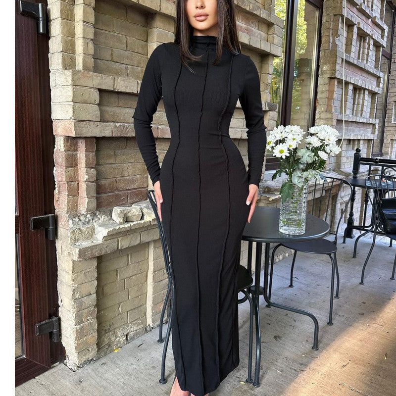 MS477#Fashion solid color tight wrap hip long sleeve temperament knitted women dress