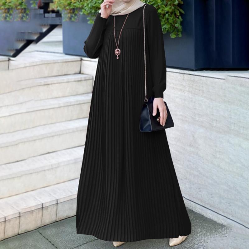 MS591#Temperament Elegant Pleated Skirt Solid Color Round Neck Long Sleeve Pleated Dress