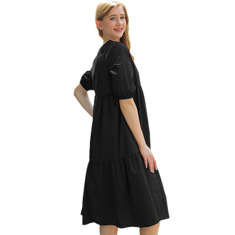 FS319# Women's Summer Casual Short Sleeve Crewneck Swing Dress Flowy Tiered Maxi Beach Dress