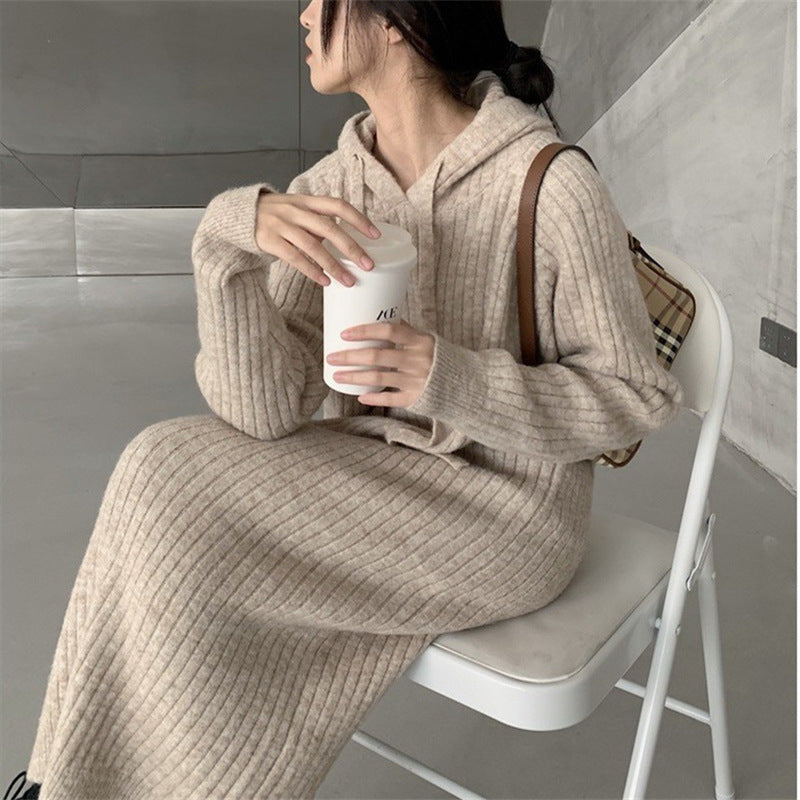 MS409#Hooded knitted women's loose long over-the-knee solid color sweater skirt