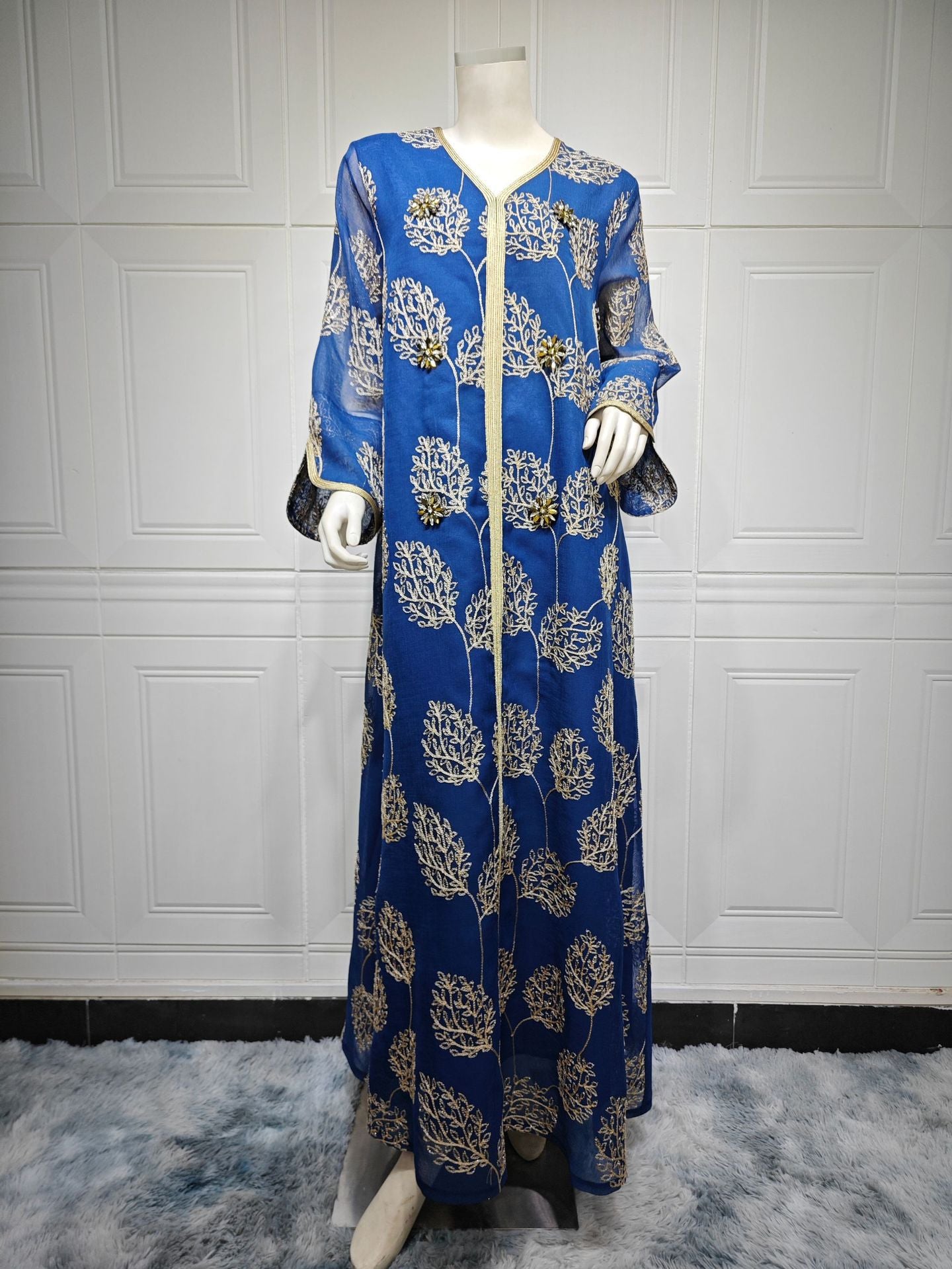 MS536# jalabiya Arabian Dubai mesh embroidery dress handmade beaded robe Muslim clothing