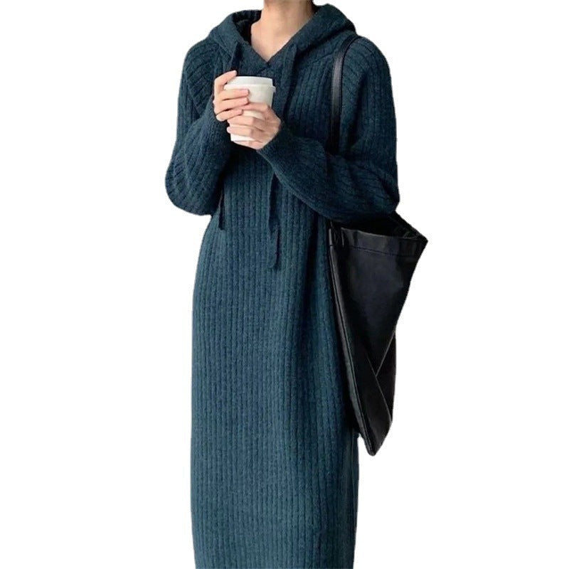 MS409#Hooded knitted women's loose long over-the-knee solid color sweater skirt