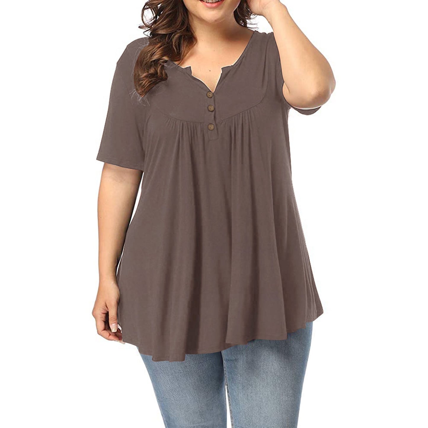 FS312#Women's Plus Size Tunic Tops Summer Short Sleeve V Neck Blouses Ruffle Flowy Button Up T Shirts