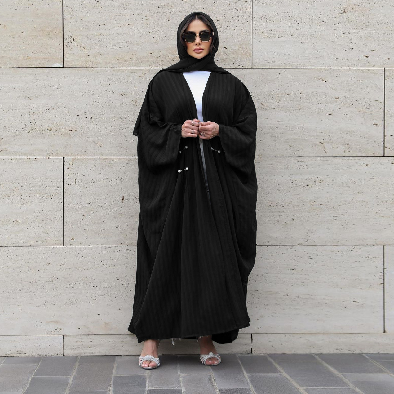 MS329#Muslim women wear a modest striped casual abaya cardigan