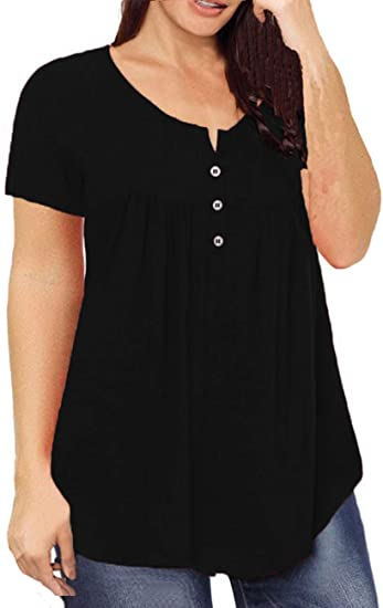 FS312#Women's Plus Size Tunic Tops Summer Short Sleeve V Neck Blouses Ruffle Flowy Button Up T Shirts