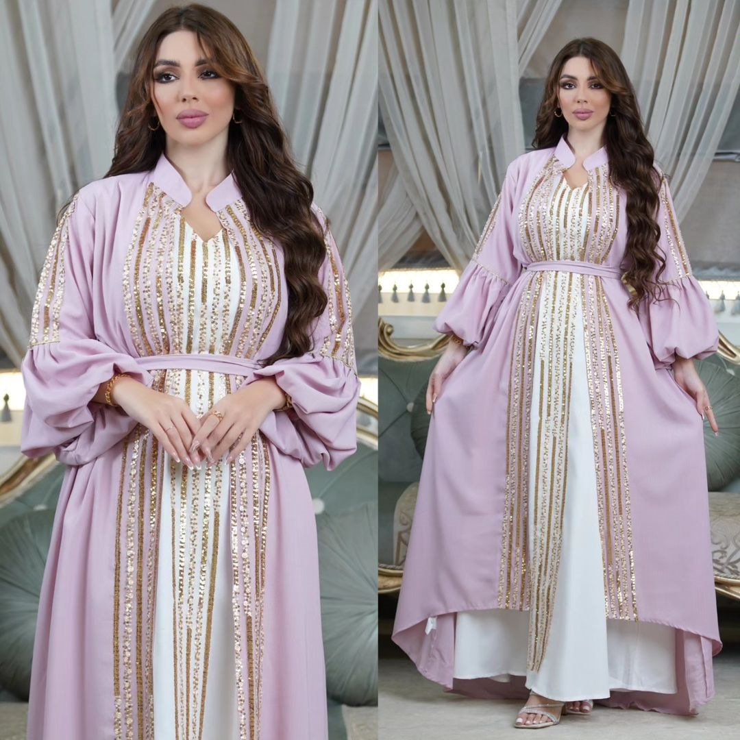 MS319#Muslim fashion two-piece women's embroidered bubble sleeve robe