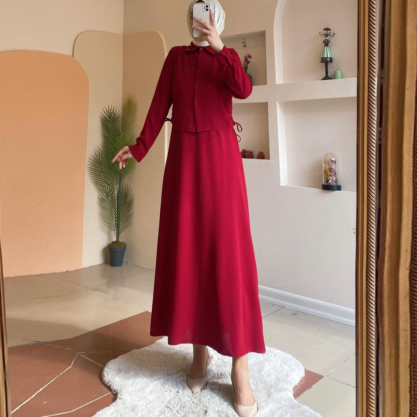 MS362#muslim long sleeve shirt skirt suit