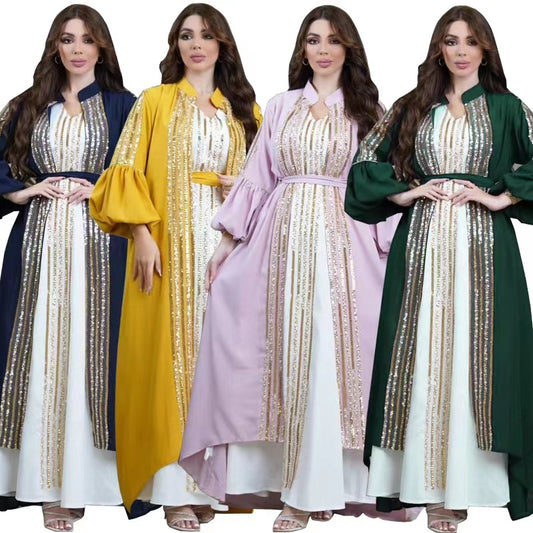 MS319#Muslim fashion two-piece women's embroidered bubble sleeve robe