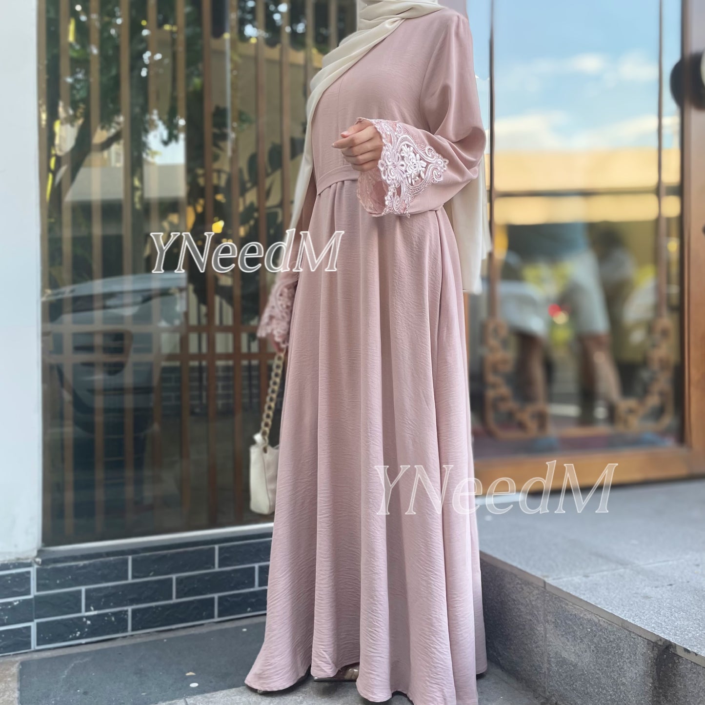 MS348#Modest lace sleeve loose fitting crepe abaya(Nidah)