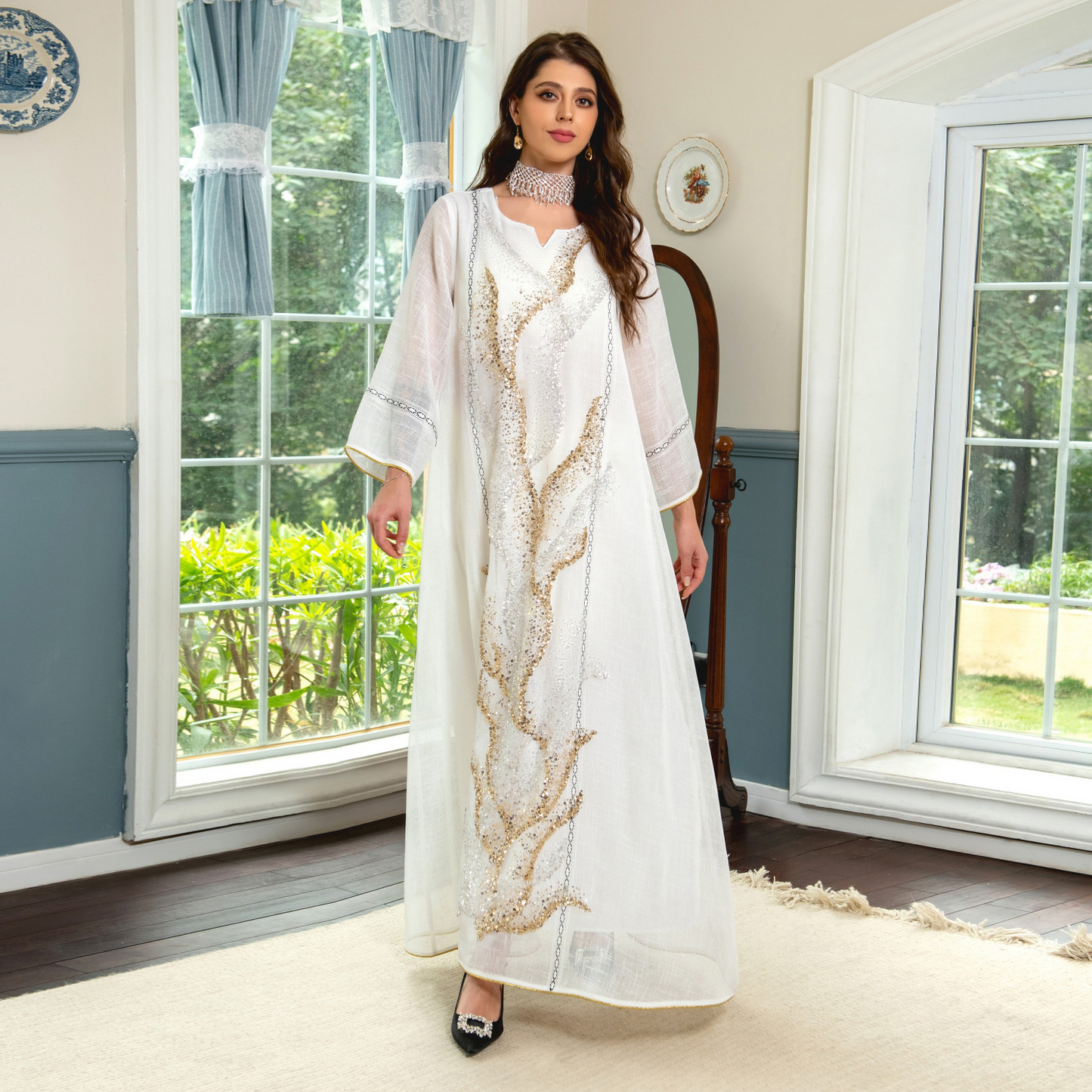 MS332#Muslim white gauze bead embroidered temperament robe