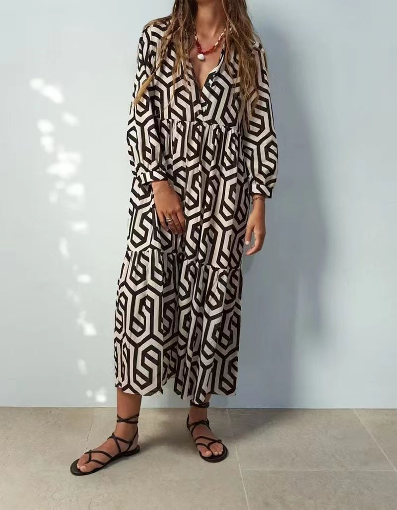 MS095#Lapel geometric print long sleeve dress