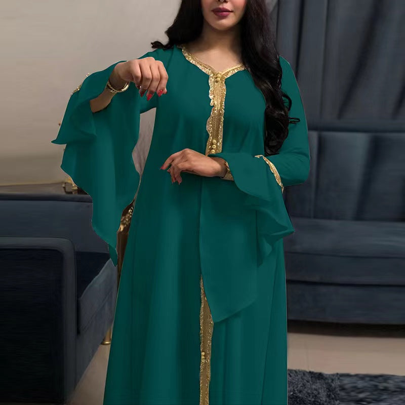 MS202#Muslim ruffle sleeve embroidered dress