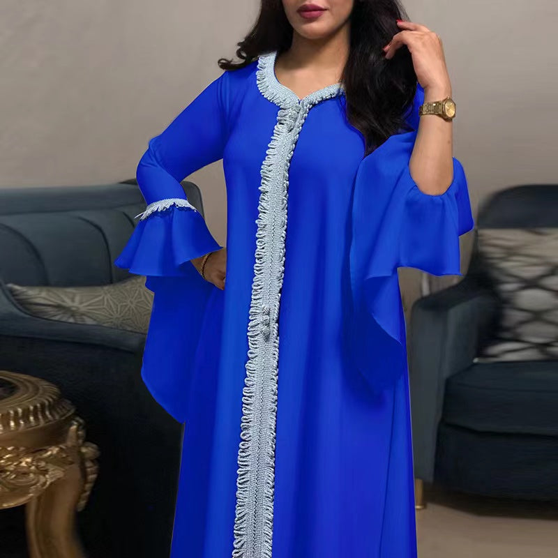 MS202#Muslim ruffle sleeve embroidered dress