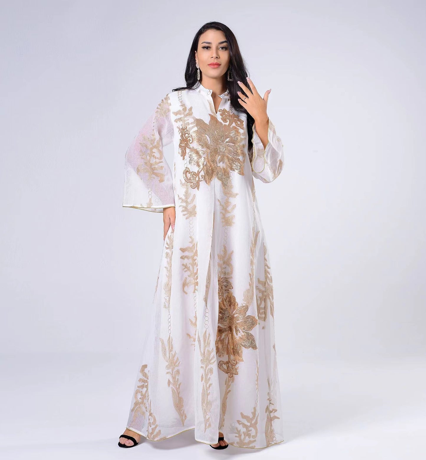 MS203#Muslim gold beaded embroidered dress