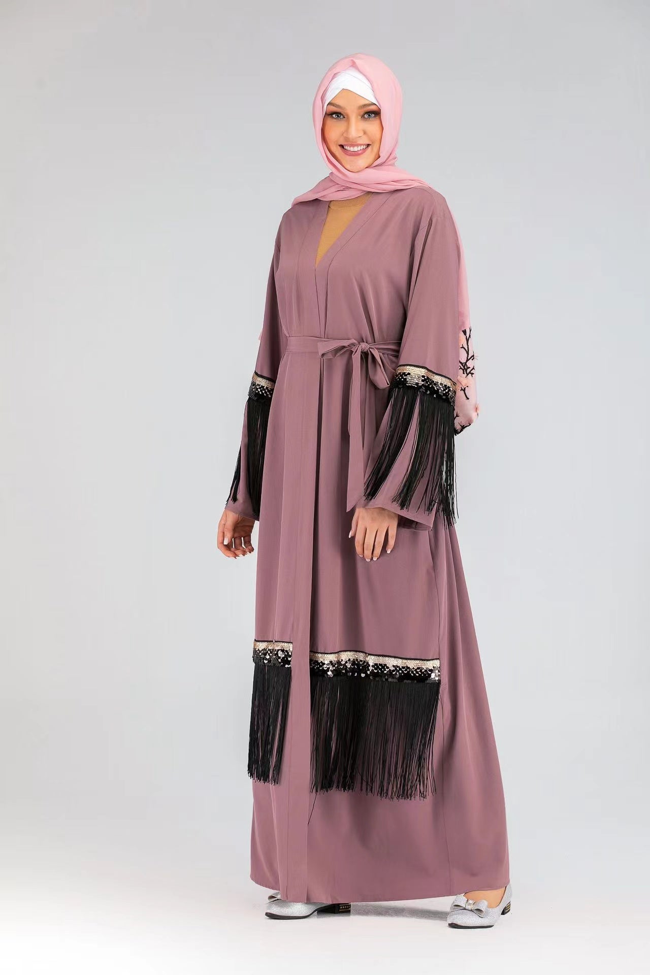 MS224#Muslim sequin tassel cardigan dress