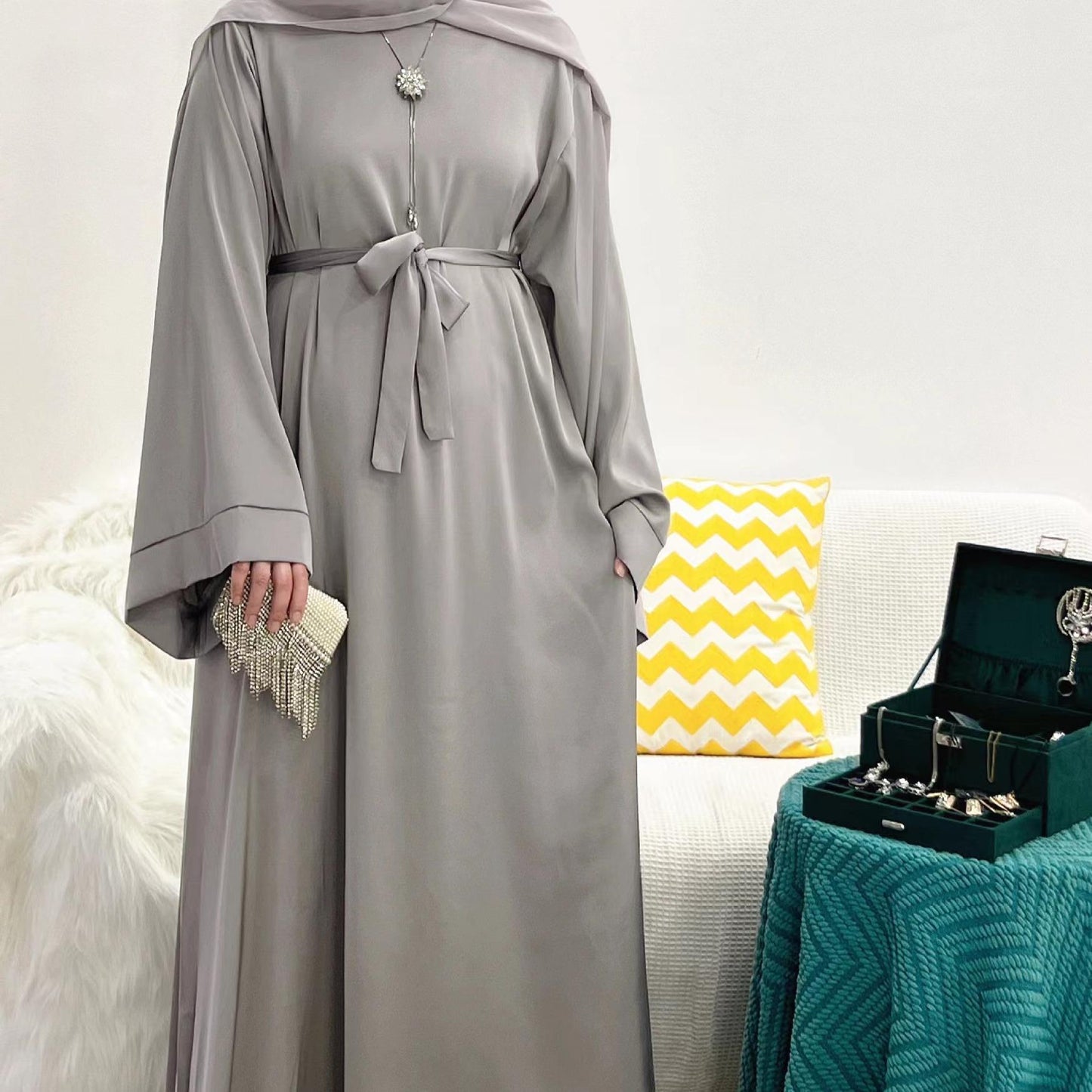 MS024#Modest fashion shiny satin abaya (No pockets) (Satin)