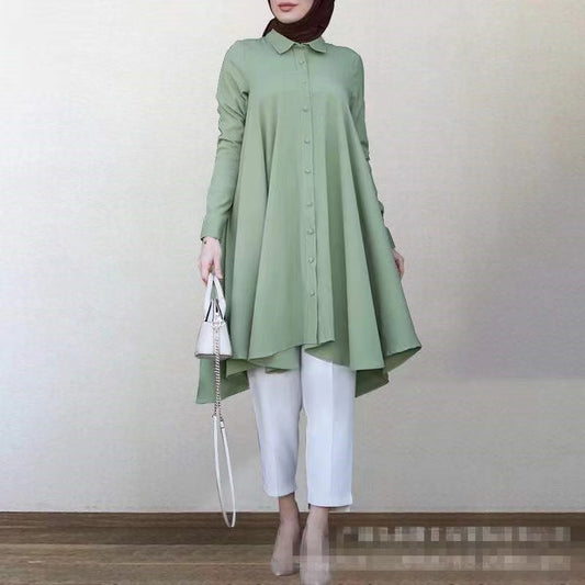 MS239#Muslim Women's Solid Button Curved Top